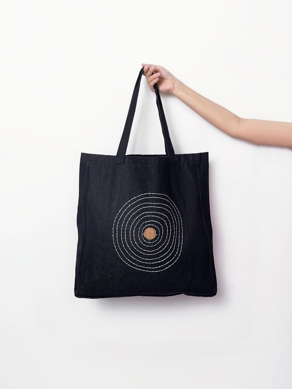 Hand Embroidered Sashiko Circle Tote Bag - Indigo