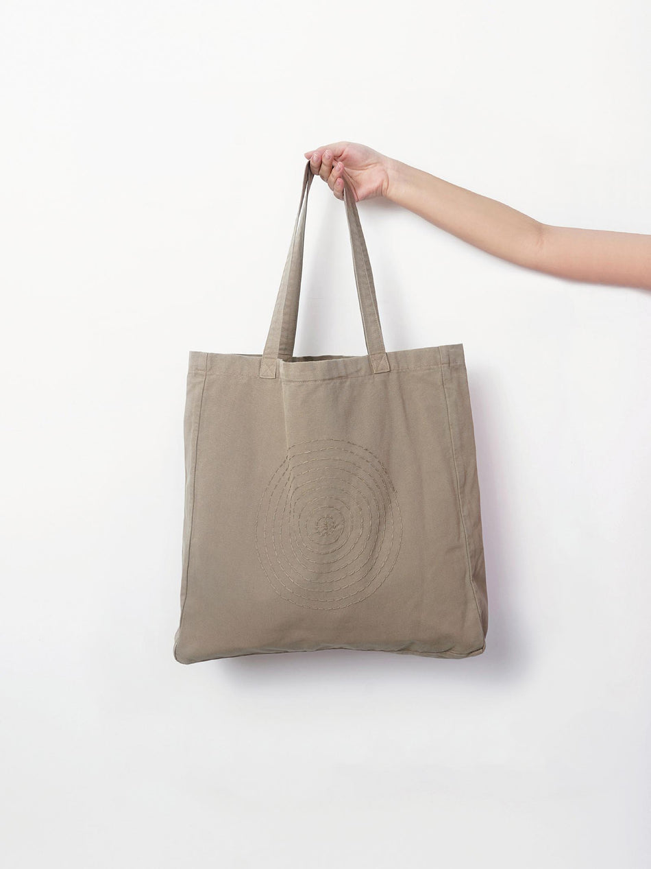Hand Embroidered Sashiko Circle Tote Bag - Ash Brown