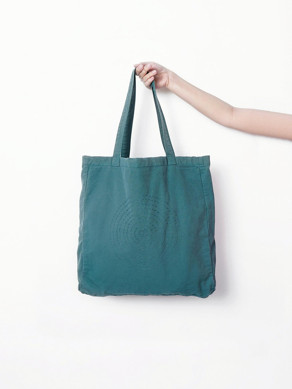 Hand Embroidered Sashiko Circle Tote Bag - Green