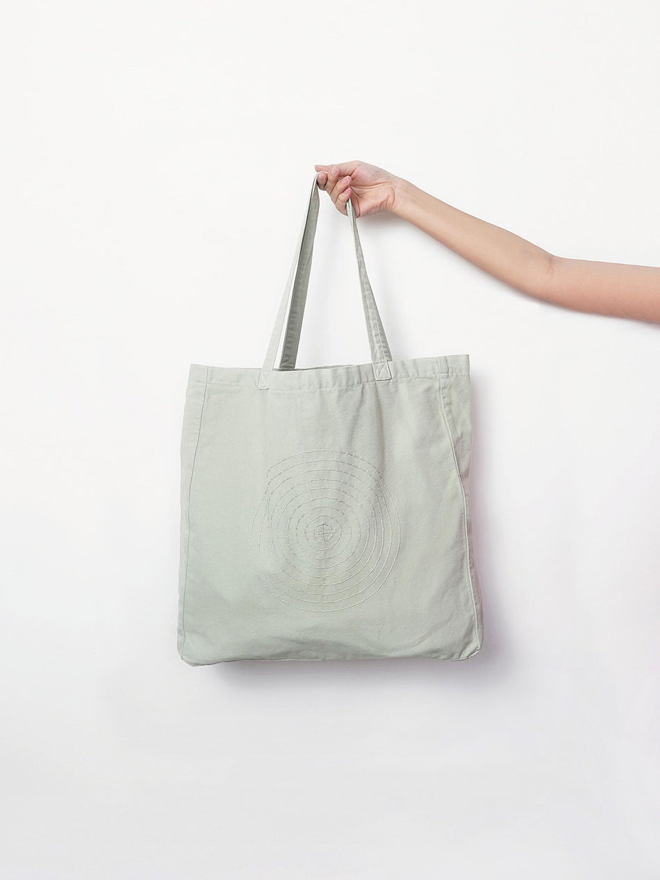 Hand Embroidered Sashiko Circle Tote Bag - Mint