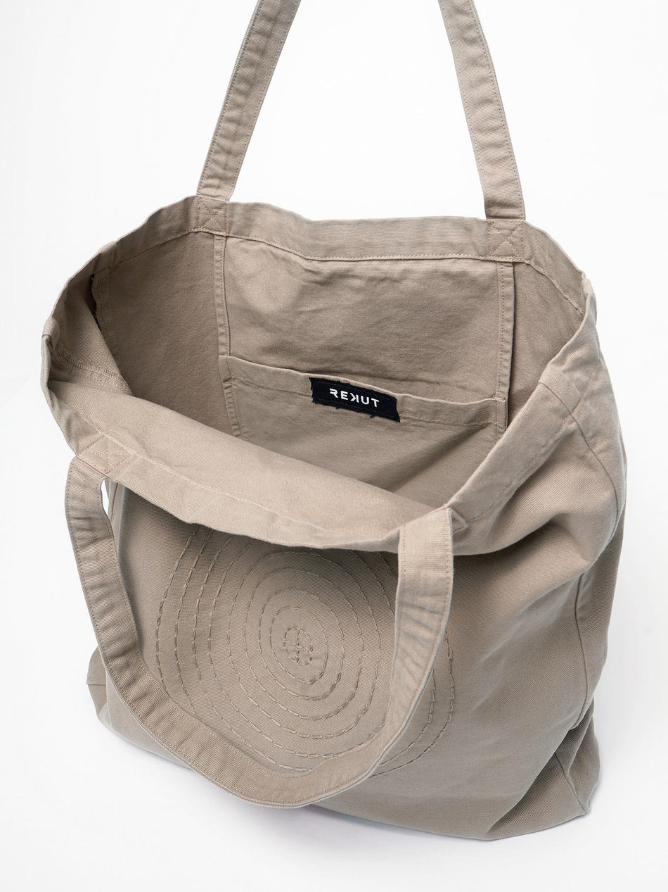 Hand Embroidered Sashiko Circle Tote Bag - Ash Brown
