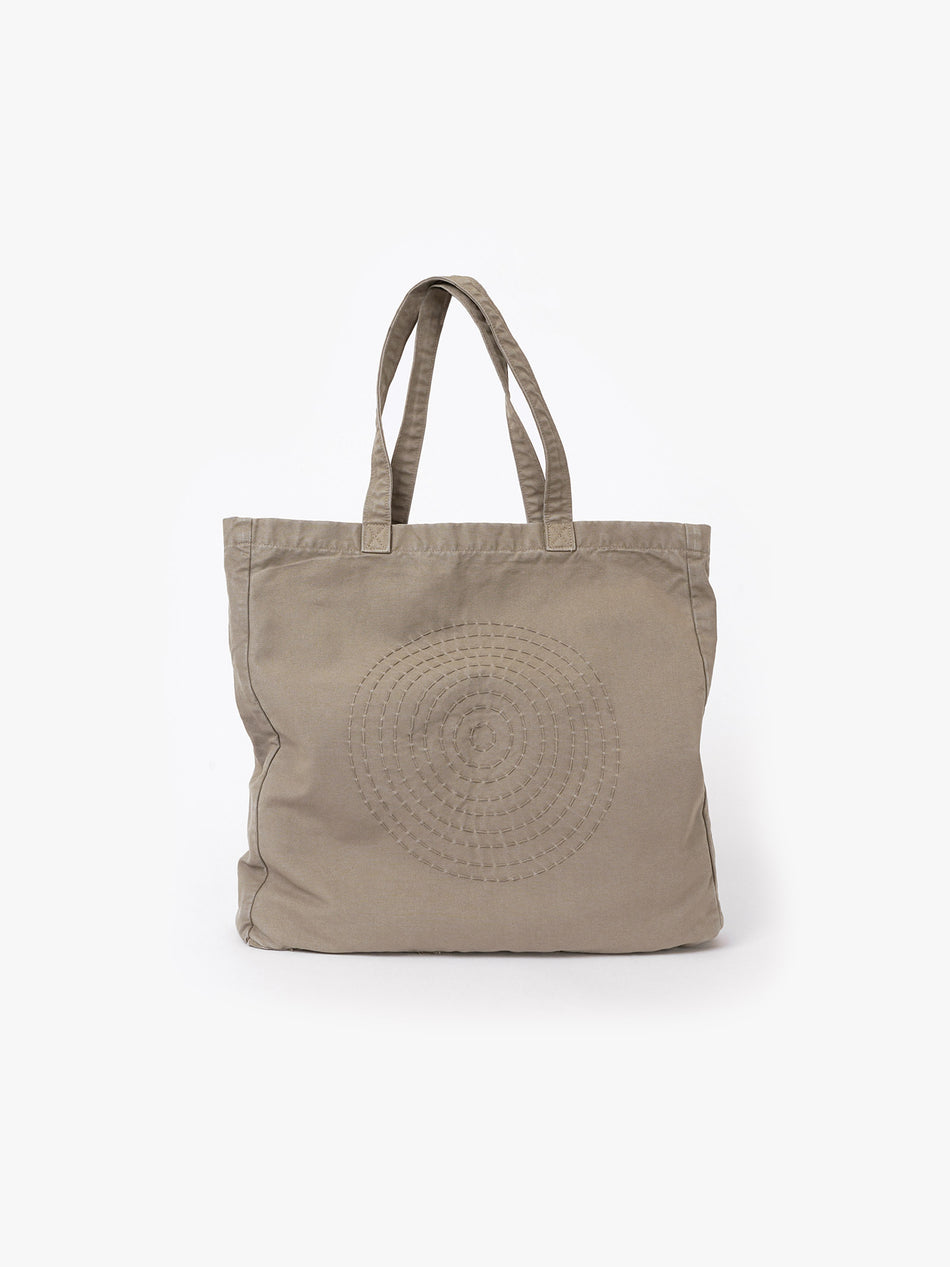Hand Embroidered Sashiko Circle Tote Bag - Ash Brown