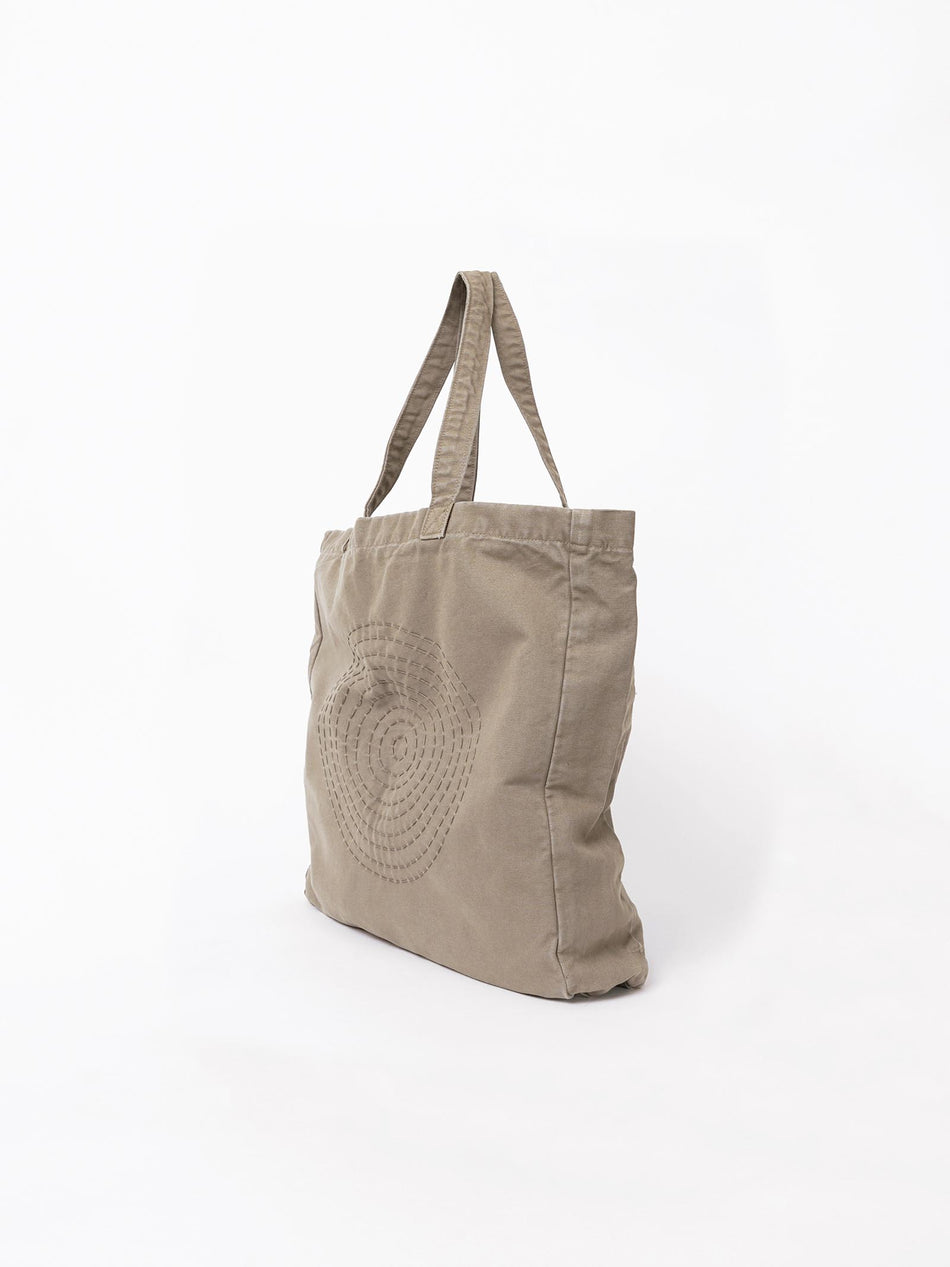 Hand Embroidered Sashiko Circle Tote Bag - Ash Brown
