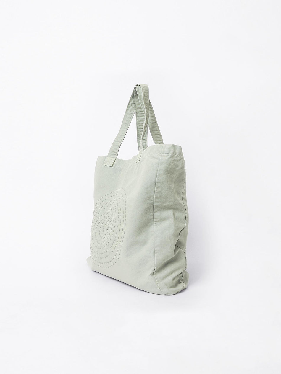 Hand Embroidered Sashiko Circle Tote Bag - Mint